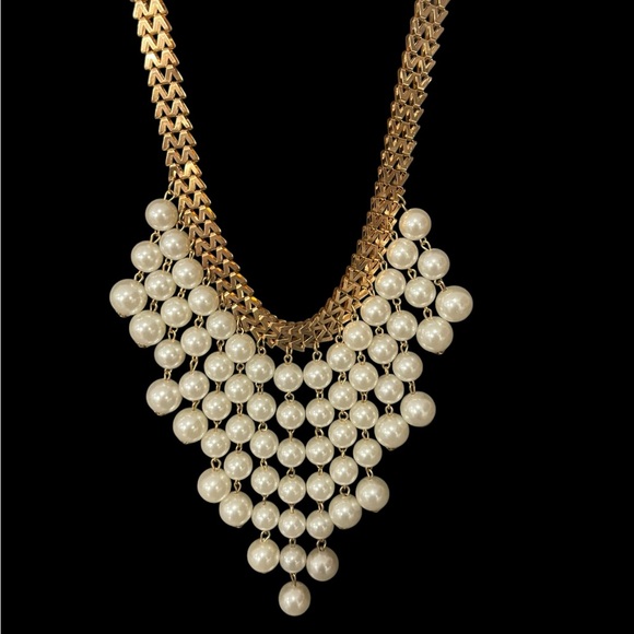 Gold Tone 2 Broke Girls Style Chevron Faux Pearl Choker Necklace - Picture 2 of 14